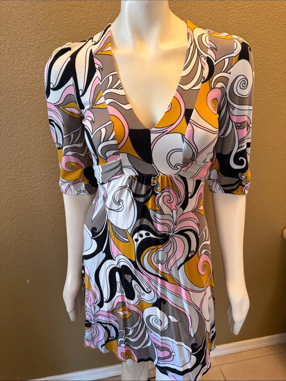 Vintage Becky & Max Swirl Print V-Neck Mini Dress in Pink, Mustard & Black
